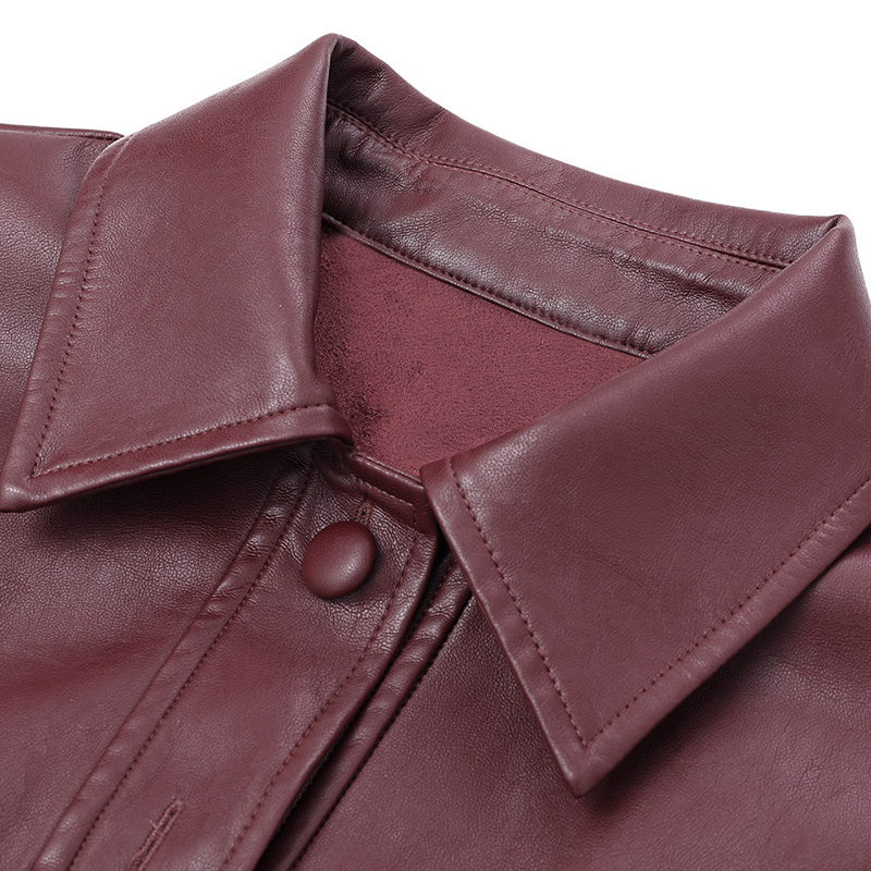 New Autumn Winter Lapel Long Sleeve Wine Red Pu Leather Belt Loose Big Size Jacket Women Coat Fashion T200212