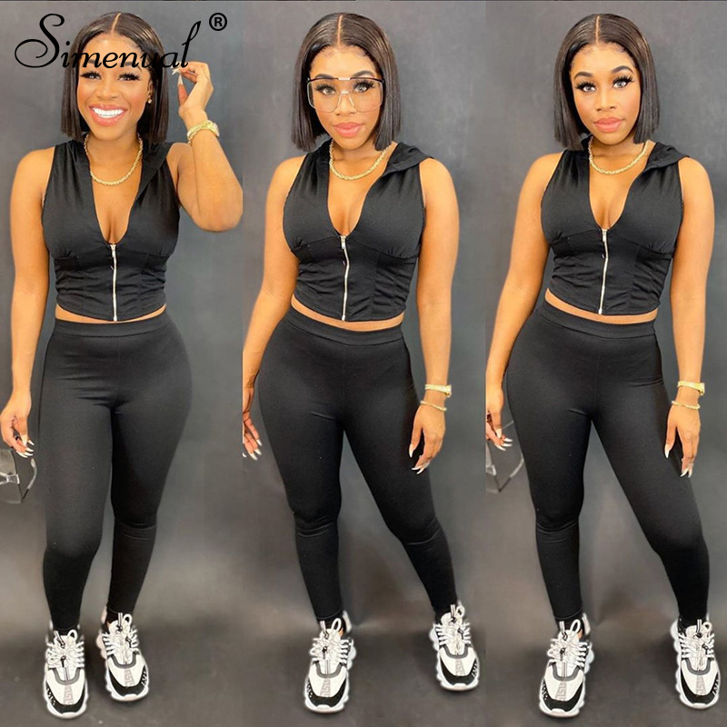 Simenual Casual Sporty Workout Matching Sets Women Hooded Sleeveless Active Wear Two Piece Outfits Zipper Crop Top And Pants Set T200826