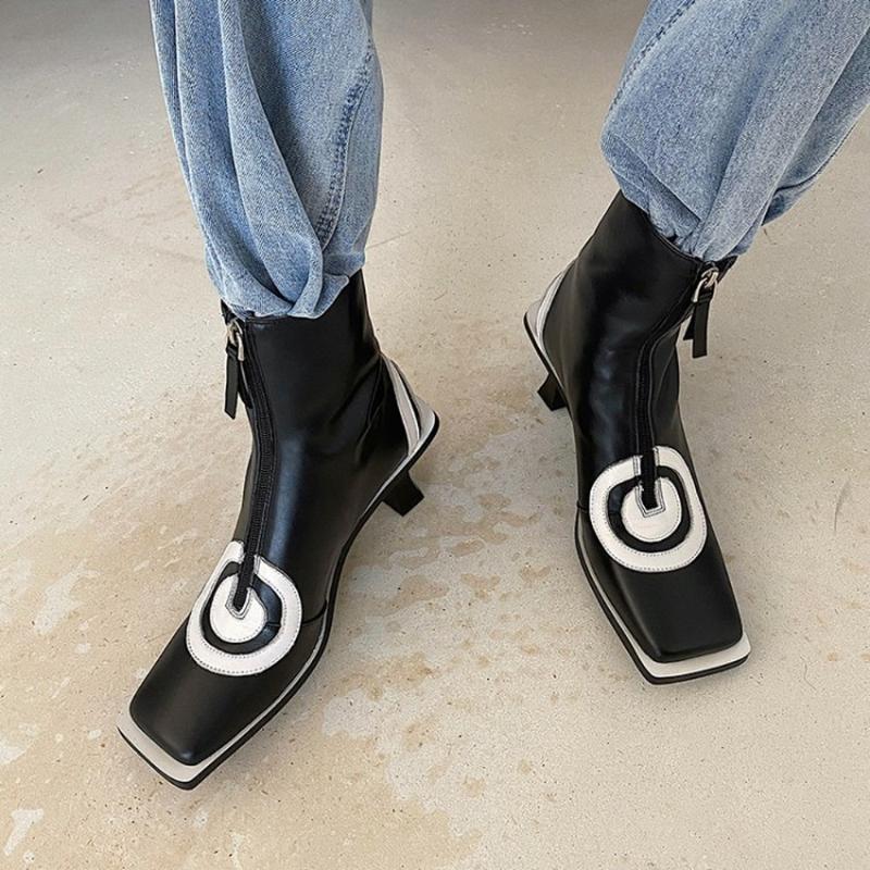 Womens Sequare Toe Circle Printed Ankle Boots Genuine Leather Strange High Heel Shoes Central Zip Warm Winter Black White
Womens Sequare Toe Circle Printed Ankle Boots Genuine Leather Strange High Heel Shoes Central Zip Warm Winter Black White