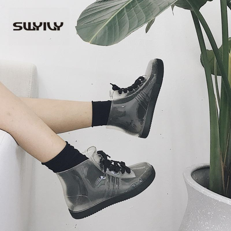 SWYIVY Women Rainboot New Fashion PVC Rain Boots Women Ankle Boots Transparent Shoes Woman Nonslip Waterproof Sneakers 201103