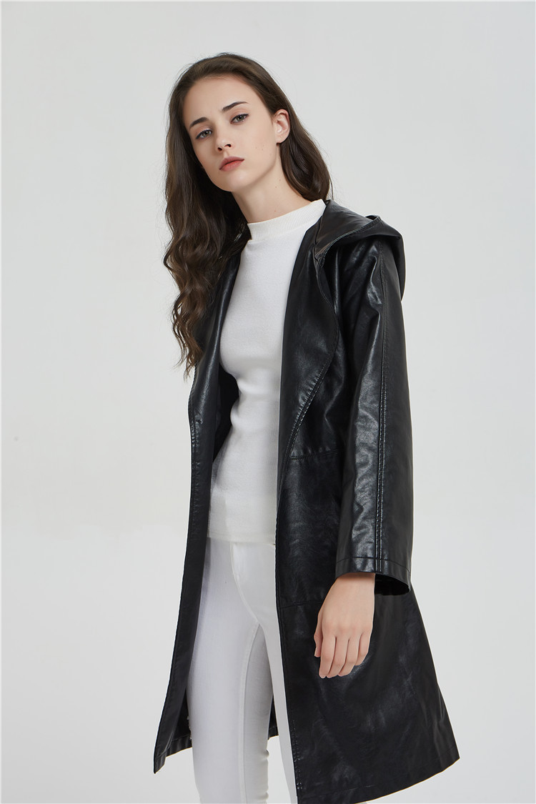 JS0098J-New womens leather jacket in autumn and winter medium long slim hood micro trumpet sleeve fashion leather trench coa 201030