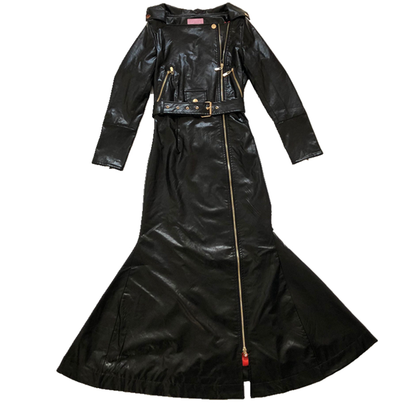 Nerazzurri maxi black faux leather coat women zipper long sleeve belt slim fit extra long plus size leather jackets fashion 201226