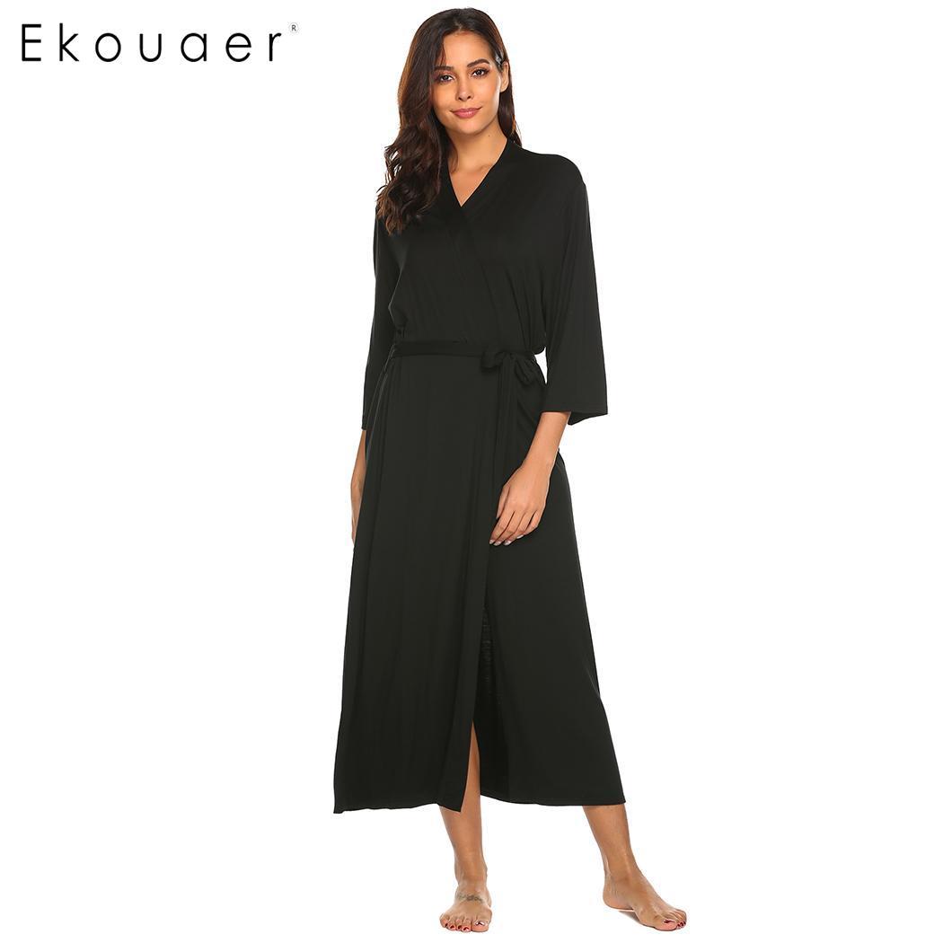 Ekouaer Long Robe Dressing Gown V Neck Long Sleeve Robe Sleepwear Nightgown Bathrobes Women Solid Casual Comfortable Loose Robes 210203
