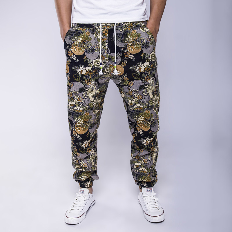 Hawaiian Men's Floral Print Cotton Linen Long Harem Pants Blue Drawstrings Pockets Man Trousers Summer Streetwear Joggers Male 201116