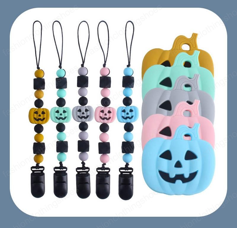 new Halloween silicone pacifier clips chain+baby teether 2pcs/set Cartoon Holder Clip Bead Chains Feeding teething beads