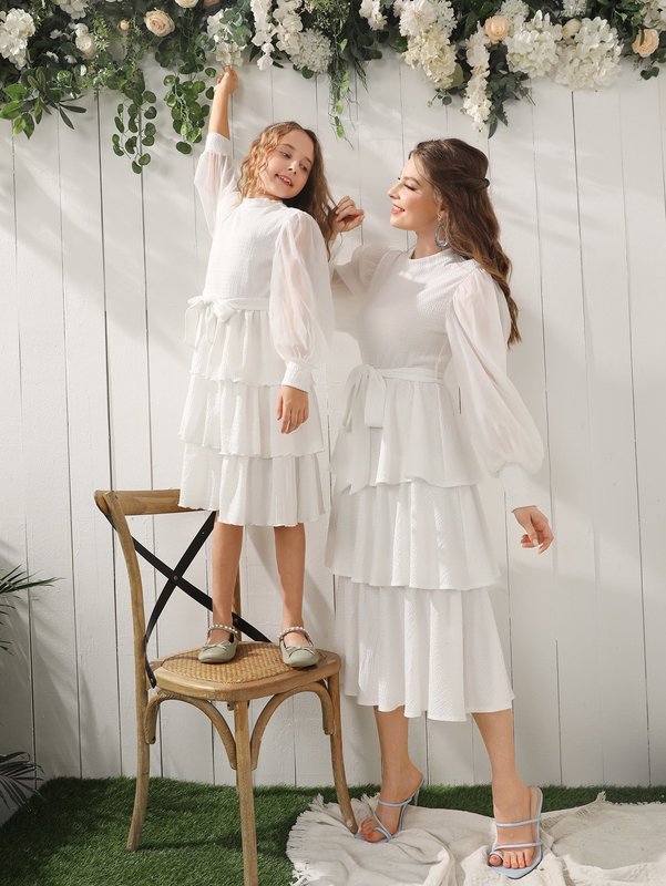 Girls 1pc Solid Bishop Sleeve Layered Hem Belted Dress SHE