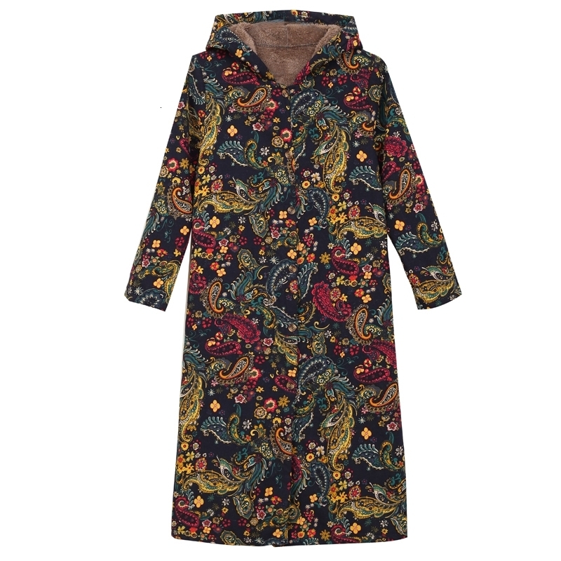 Women's Down Parkas Chinese Red Floral Women Winter Long Jacket Vintage fleece lining Padded Winter Coat Female Blue Flower Parka Ladies Windbrea