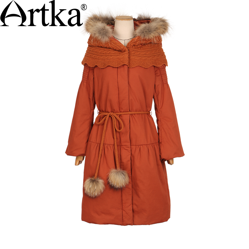 Women's Winter Parkas Raccoon Fur Hooded Winter Jacket For Women Lantern Sleeve Thick Warm Long Coat With Belt MA10152D 201017