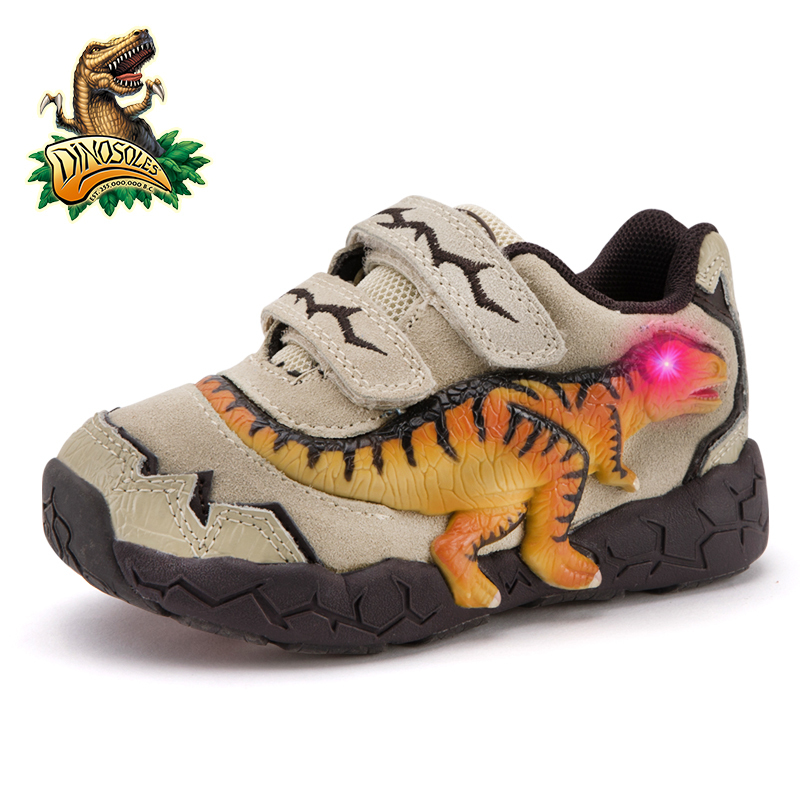 DINOSKULLS 3-9 Years Boys Dinosaur Glowing Sneakers Autumn Kids LED Sports Shoes With Light Leather Children's T-Rex Shoes 201130