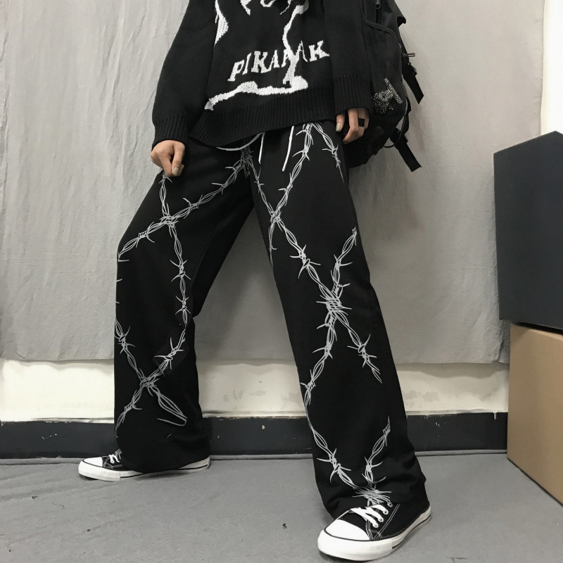 Harajuku Retro Pants Women Thorns Printed Elastic Waist Loose Wide Leg Pants Fashion Streetwear Grunge Dark Casual Pants Unisex 201109