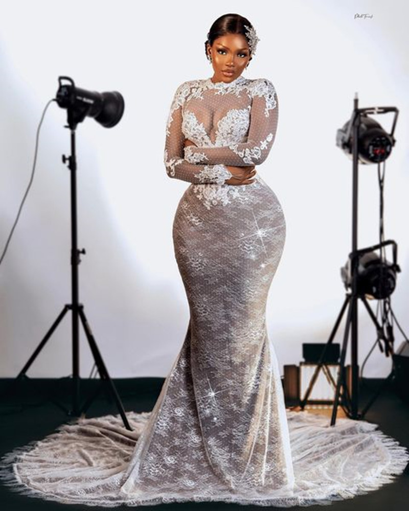 Long Sleeve Mermaid Wedding Dresses Full Applique abito da sposa Vintage Lace-up Corset African Aso Ebi Bridal Dress gown