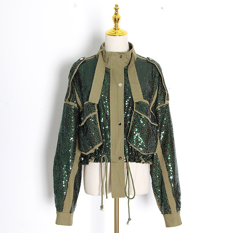 Spring Jacket Fashion Casual Symmetrical Pocket Sequins Jacket Women's Long Sleeve Jacket 201017