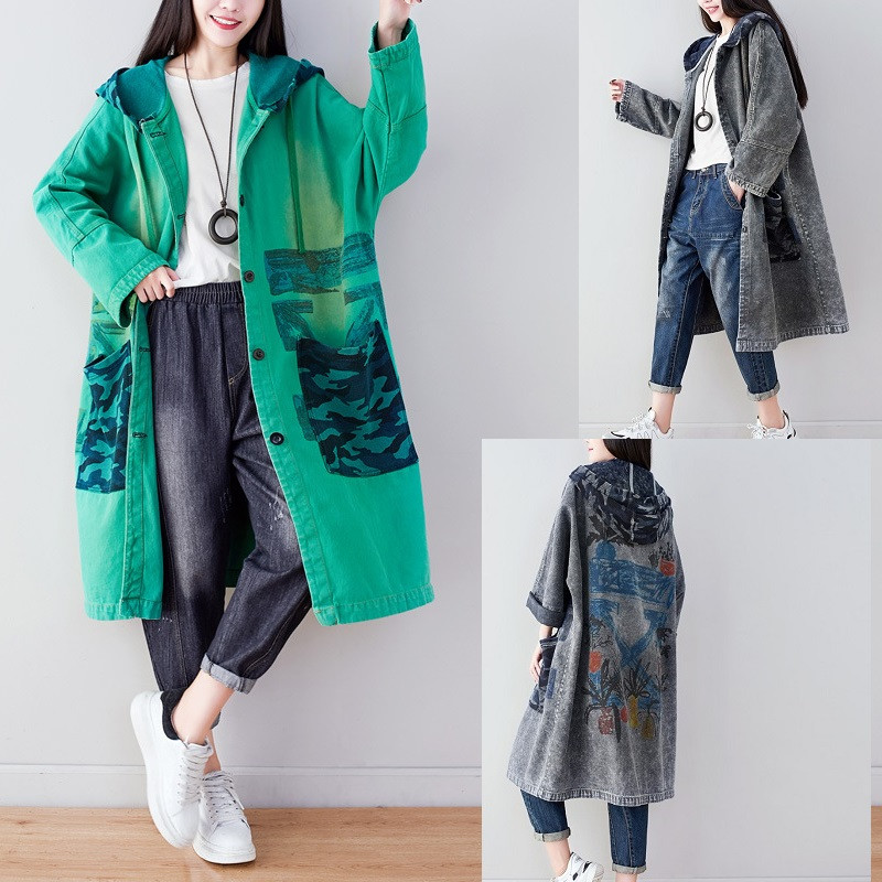 2020 vintage Long Sleeve Hooded Printed Trench Coats Spring Autumn Women's Denim Coat Plus Size Hooded Windbreaker Female G180, Green
2020 vintage Long Sleeve Hooded Printed Trench Coats Spring Autumn Women's Denim Coat Plus Size Hooded Windbreaker Female G180, Green