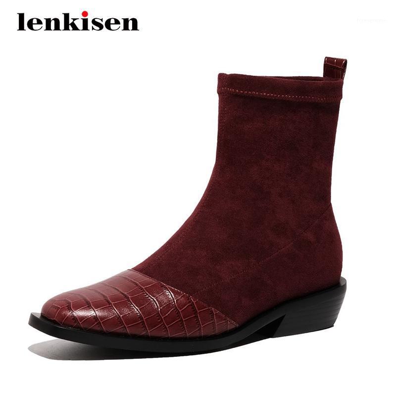 Lenkisen new leisure concise style cow leather patchwork stone pattern thick med heel square toe slip on stretch ankle boots L961, Black
Lenkisen new leisure concise style cow leather patchwork stone pattern thick med heel square toe slip on stretch ankle boots L961, Black