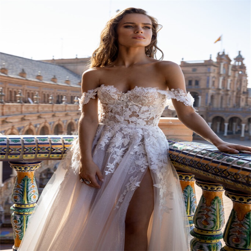 Beach Floral Wedding Dresses Sexy Side Split A Line Off Shoulder Lace Appliqued Country Bridal Gowns Custom Made Robes De Mariée