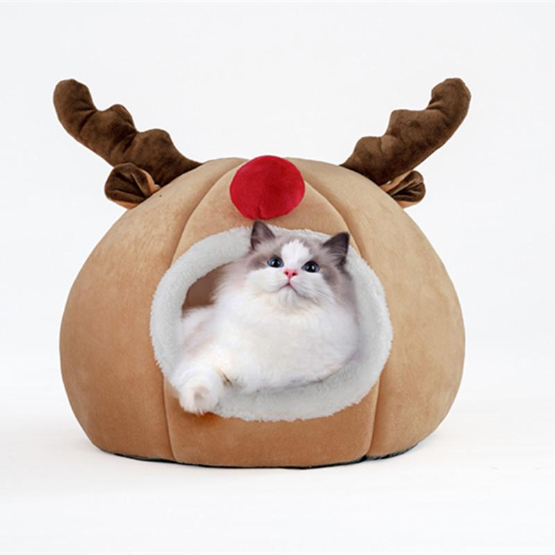 

Christmas Reindeer Pet Cat Bed Autumn And Winter Keep Warm Closed Cat Nest Breathable Cats Sleeping Bed Deep Sleep Pets Supplies