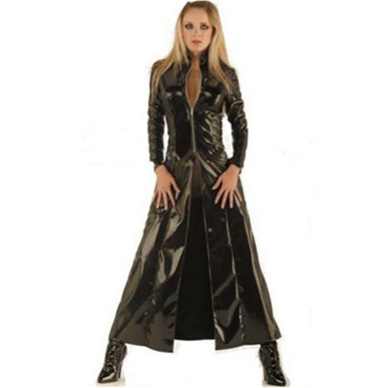 Plus Size Wet Look Women and Men Black Full Length Gown Faux Leather PU Long Trench Coat 201030