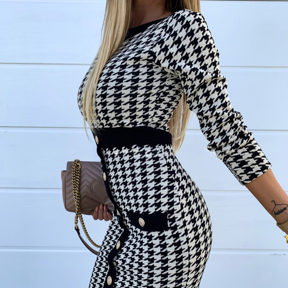 Long Sleeve Dresses Woman New Elegant Ladies Plaid Buttons Sheath Dress Vintage Women Office Dress Workwear T200519