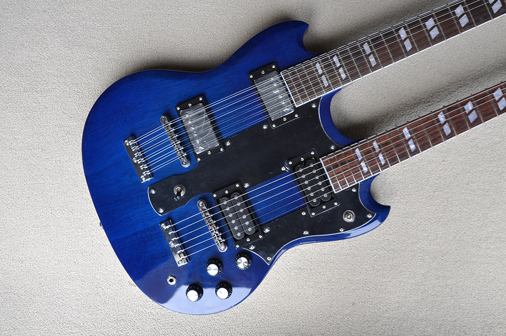 Factory Custom Double Neck Blue Electric Guitar With 6+12 Strings,Chrome Hardware,Black Pickguard,Offer Customized