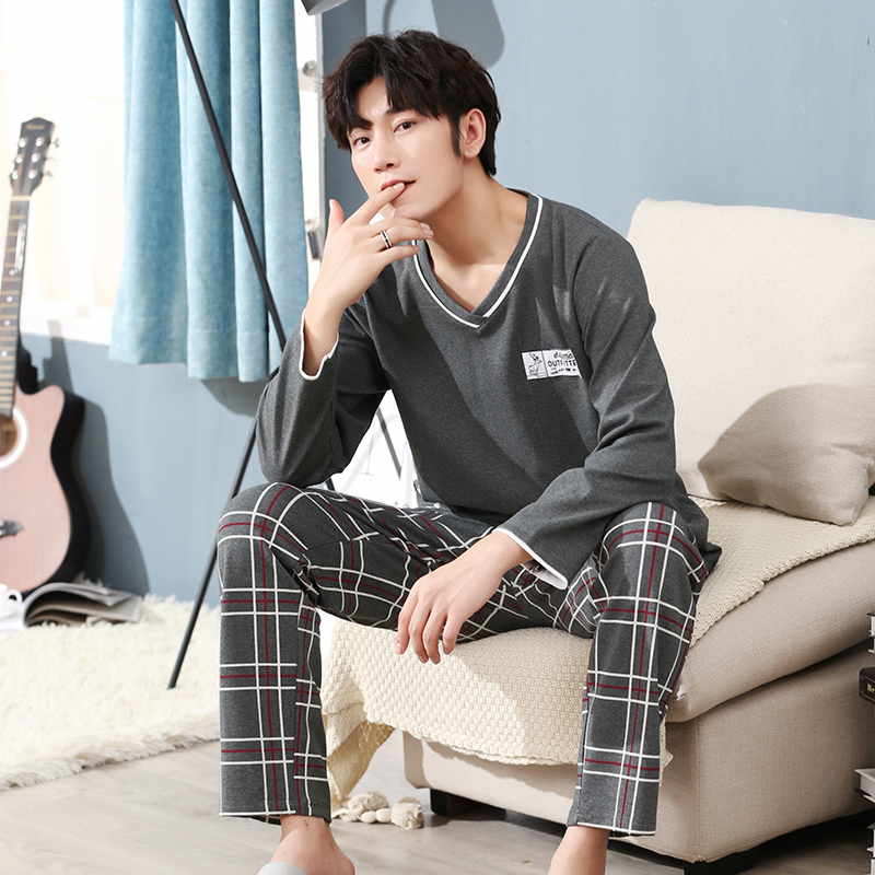 Plus Size 100% Cotton Long Sleeve V-neck Pajama Sets for Men Autumn High Quality Sleepwear Male Loungewear Homewear Home Clothes 201111