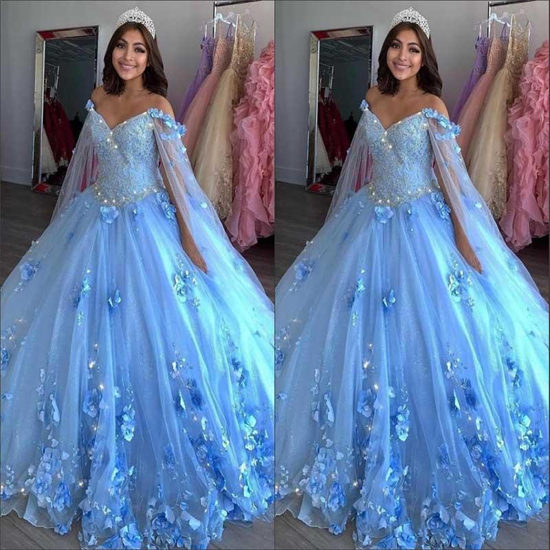 2021 Tulle Quinceanera Dresses With Handmade Wers Off The Shoulder Long Juliet Sleeves Beaded Lace Applique Sweet 16 Party Gowns 403 6660311