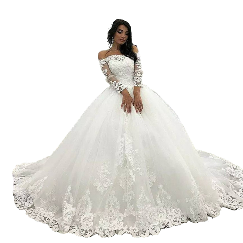 Gorgeous Long Sleeve Ball Gown Wedding Dresses Appliques Lace Off The Shoulder Chapel Court Train Wedding Gowns Plus Size Bridal Dress 2022 Robes De M