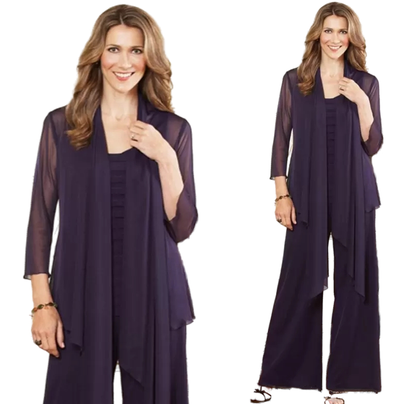 Plus Size Mother of the Bride Pant Suits with jacket Purple Chiffon Long Sleeves Wedding Guest Dresses Mother Evening Formal Wear