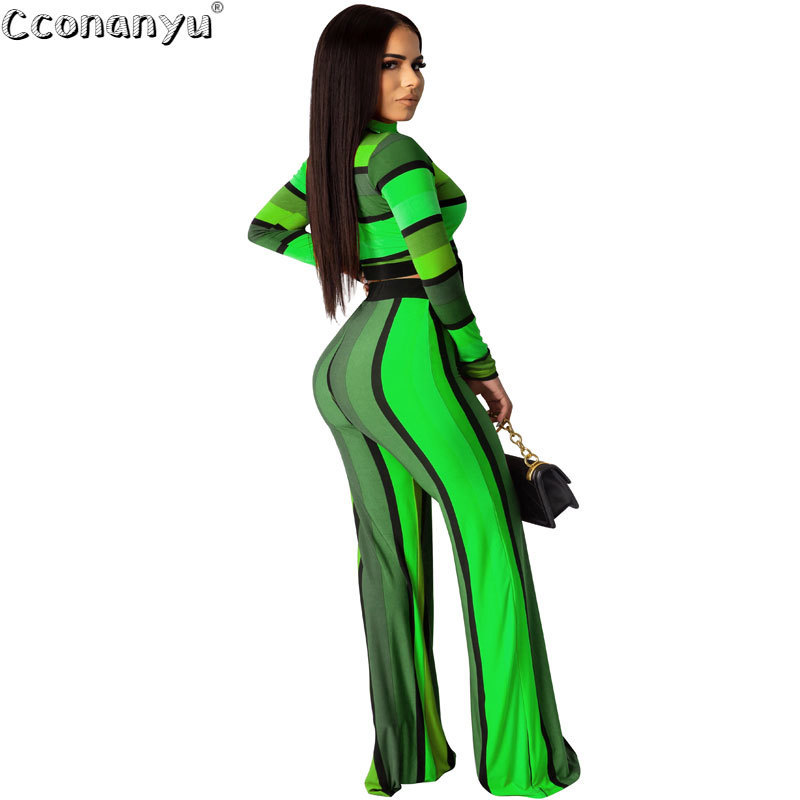 Elegant Striped print two-piece set Casual long-sleeved Top And Long Pants fashion temperament sweatsuit 201120