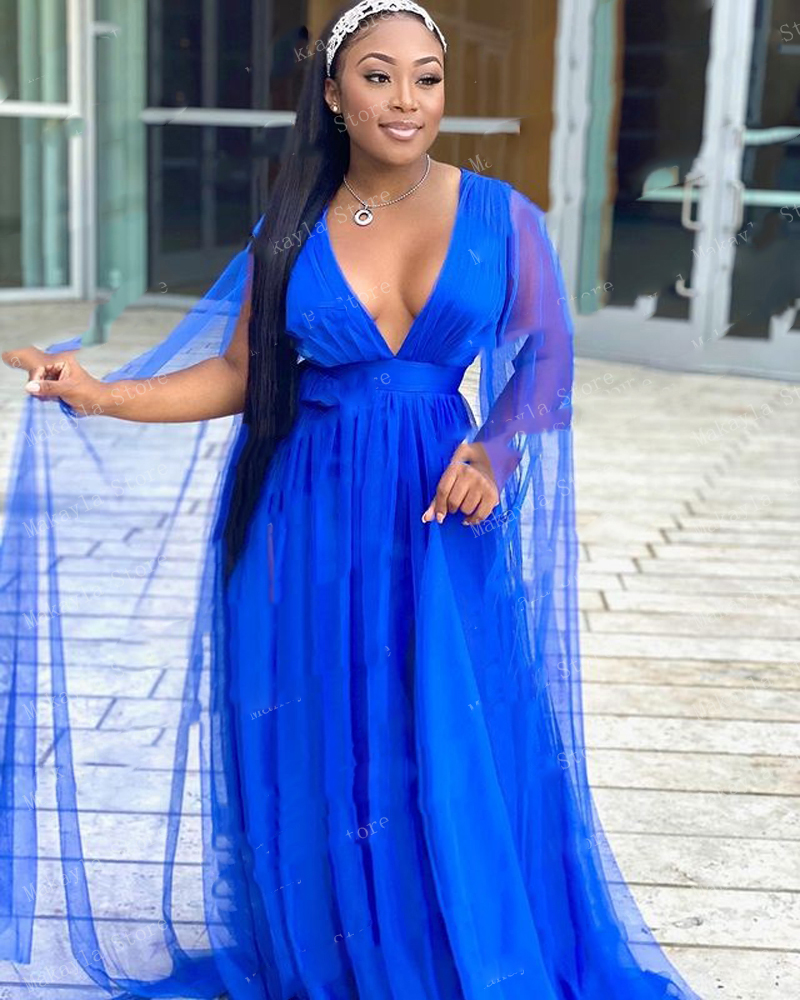 Blue Simple Elegant Prom Dresses V Neck Tulle Cape Long A-Line Women Formal Party Evening Gowns Custom Made Plus Size