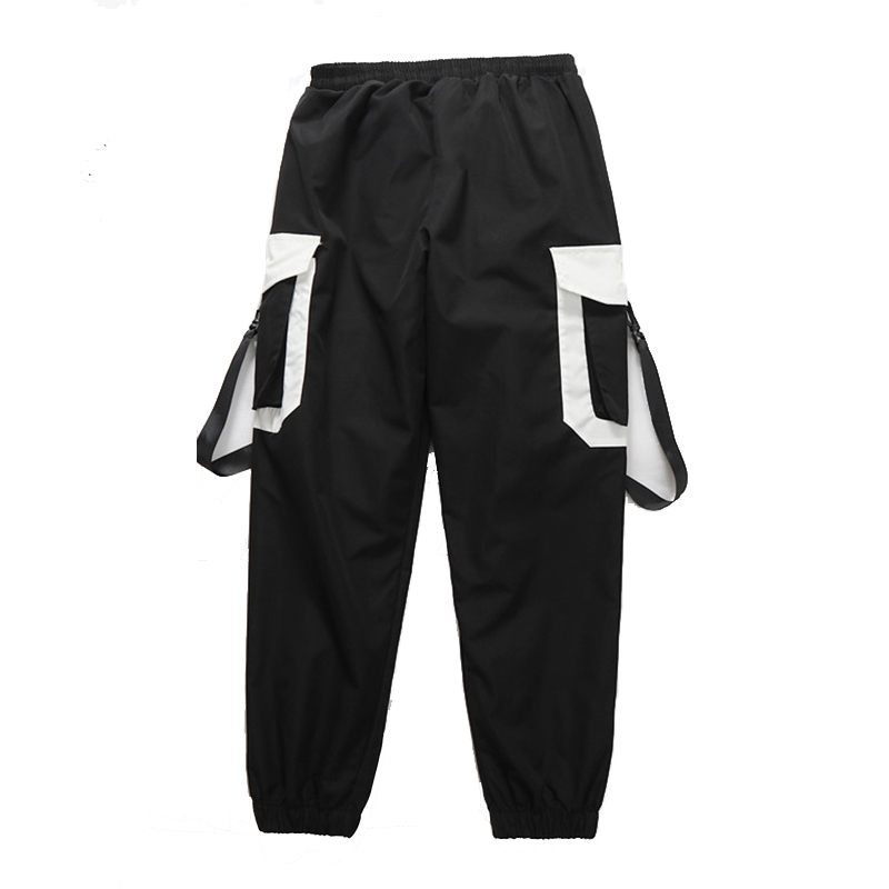 Spring Black Ribbon Cargo Pants Women High Waisted Joggers Women Women's Summer Big Pocket Sweatpants LJ201130