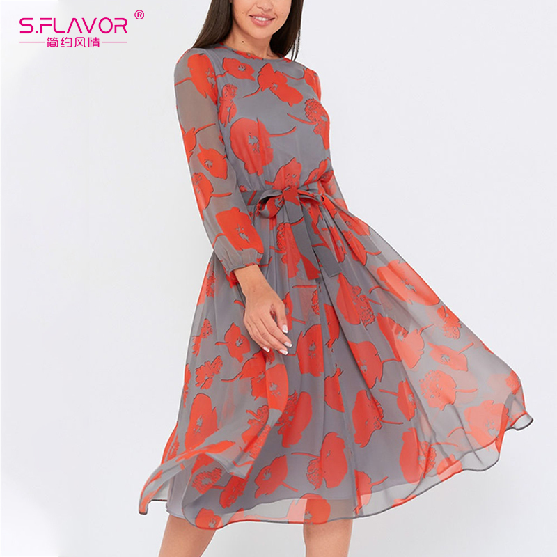 S.FLAVOR Women Printing Casual A-line Dress Elegant Full Sleeve Chiffon Boho Vestidos De Autumn Winter Fashion Midi Dresses 201029