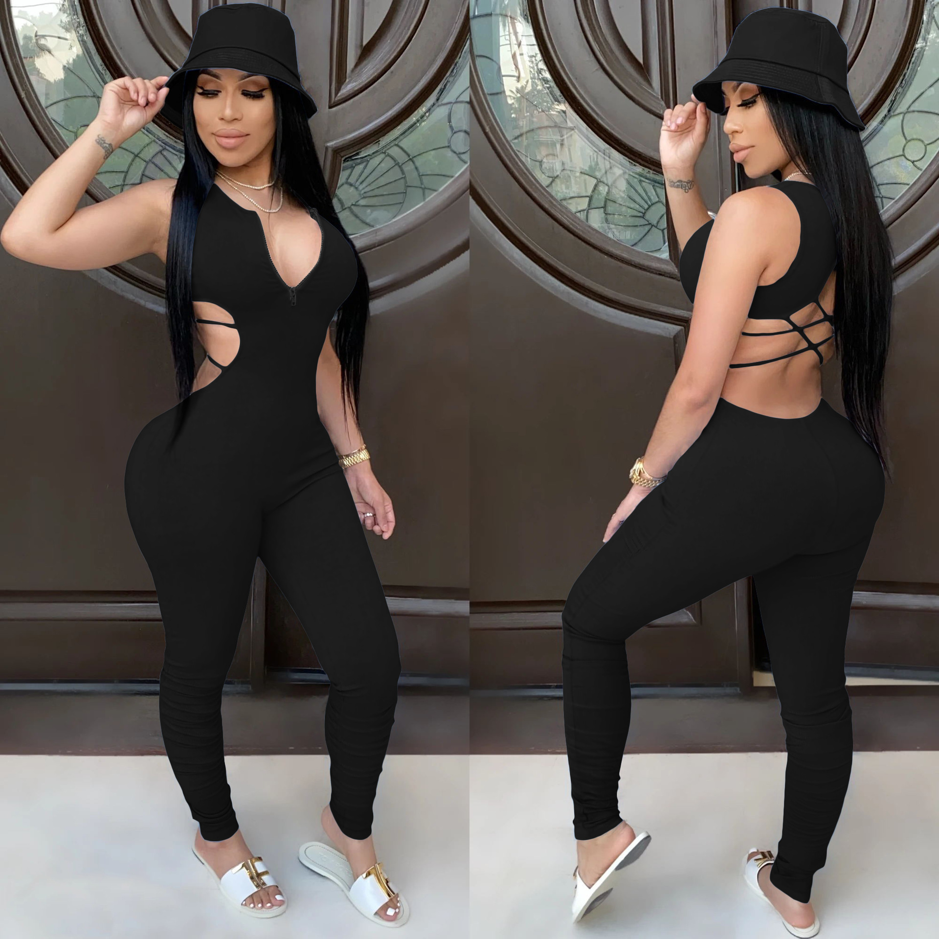 Women Designers Clothes 2023 fashion halter jumpsuits rompers sexy zipper strap backless pleated womens jumpsuit bodysuitv-neck