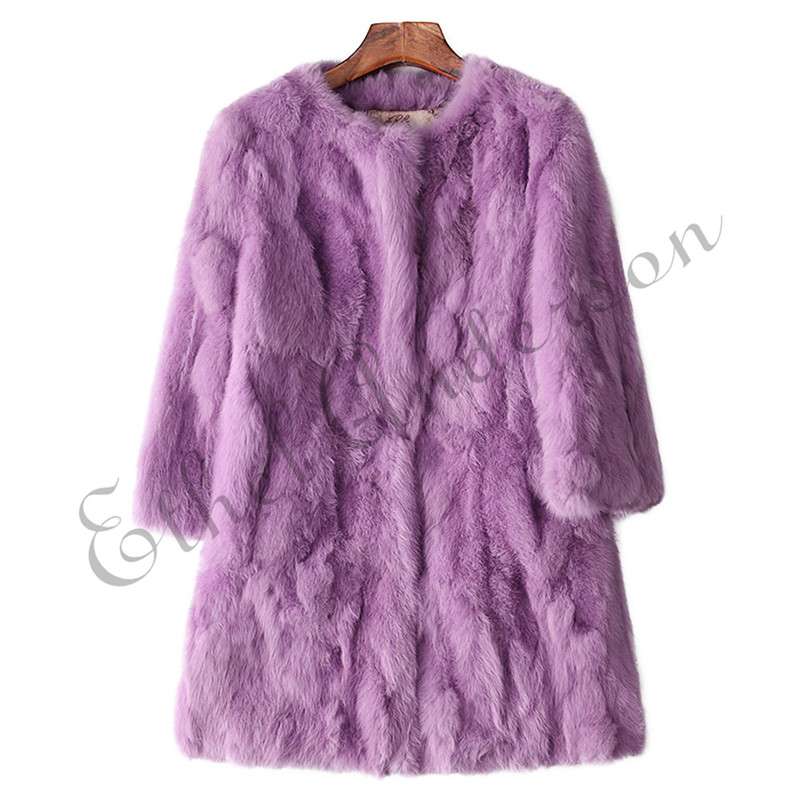 Ethel Anderson 100% Real Rabbit Fur Coat Women's O-Neck Long Rabbit Fur Jacket 3/4 Sleeves Vintage Style Leather Fur Outwear T200319