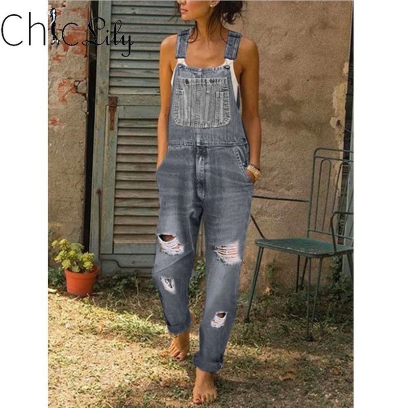 Chiclily Women Denim Jumpsuits Ripped Slim Overalls Mid Waist Full Length Vintage Jeans 201105