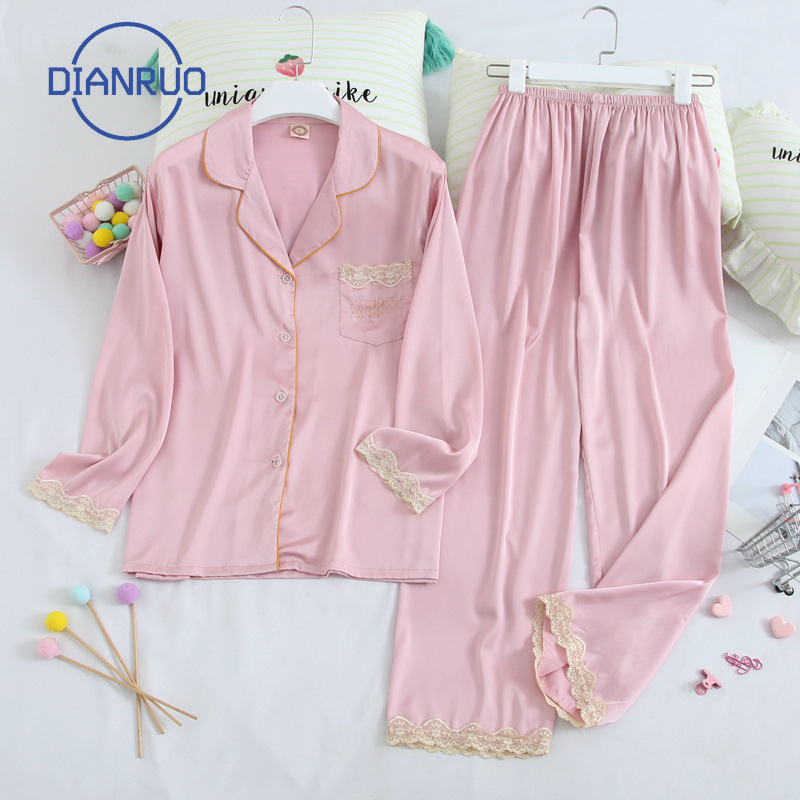 DIANRUO Autumn Sleepwear Women New Silk Ladies Long Sleeve Lace Home Wear Set Korean Version Girls Sweet Pajamas Q377 201027