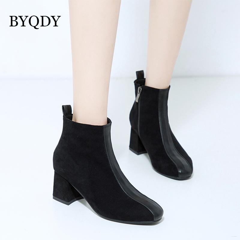 

BYQDY New Thick Heels Autumn Winter Boots Side Zippers British Female Boots Joker Motorcycle Plus Size 34-43 Xmas Shoes, Black