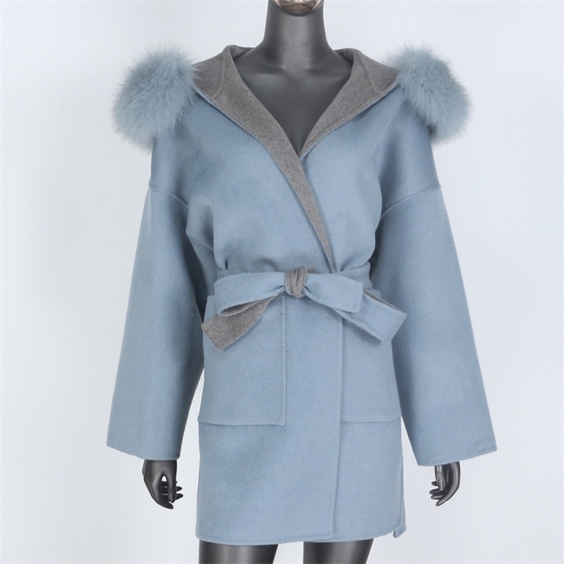 BLUENESSFAIR Cashmere Wool Blends Winter Jacket Women Oversize Real Natural Fox Fur Collar Coat Outerwear Belt Streetwear 201214