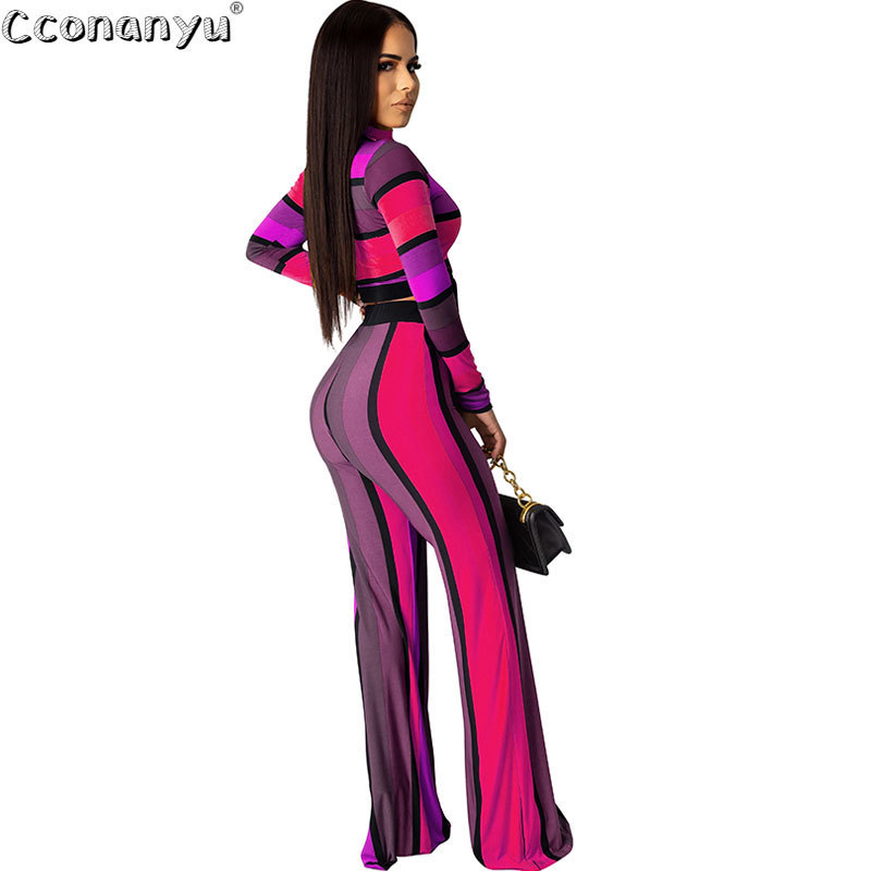 Elegant Striped print two-piece set Casual long-sleeved Top And Long Pants fashion temperament sweatsuit 201120