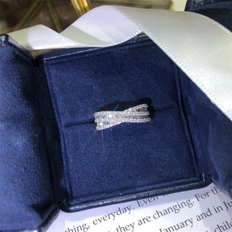 Luxury Jewelry Brand New 925 Sterling Silver Princess Cut White Topaz CZ Diamond Cross Ring Eternity Women Wedding Engagement Band Ring Gift