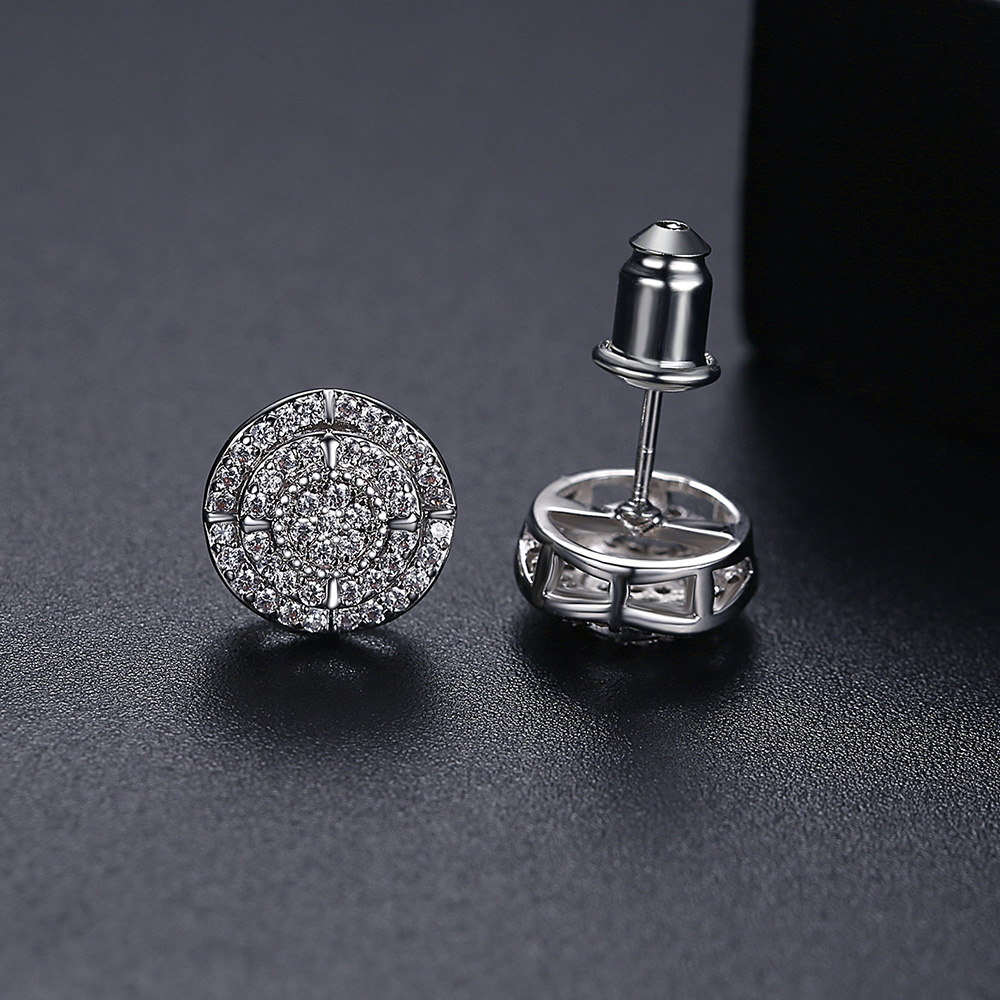 Hip Hop Men's Stud Earrings Round Shape Shining White Zircon Dangle Earrings Bling Gold Plated Jewelry Wholesale
