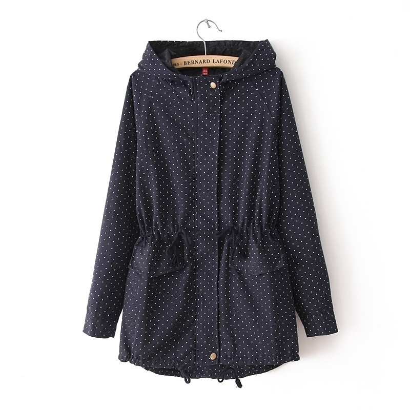 European style Spring Autumn women polka dots drawstring hooded trench, female fashion plus size loose casual windbreaker coat 201031