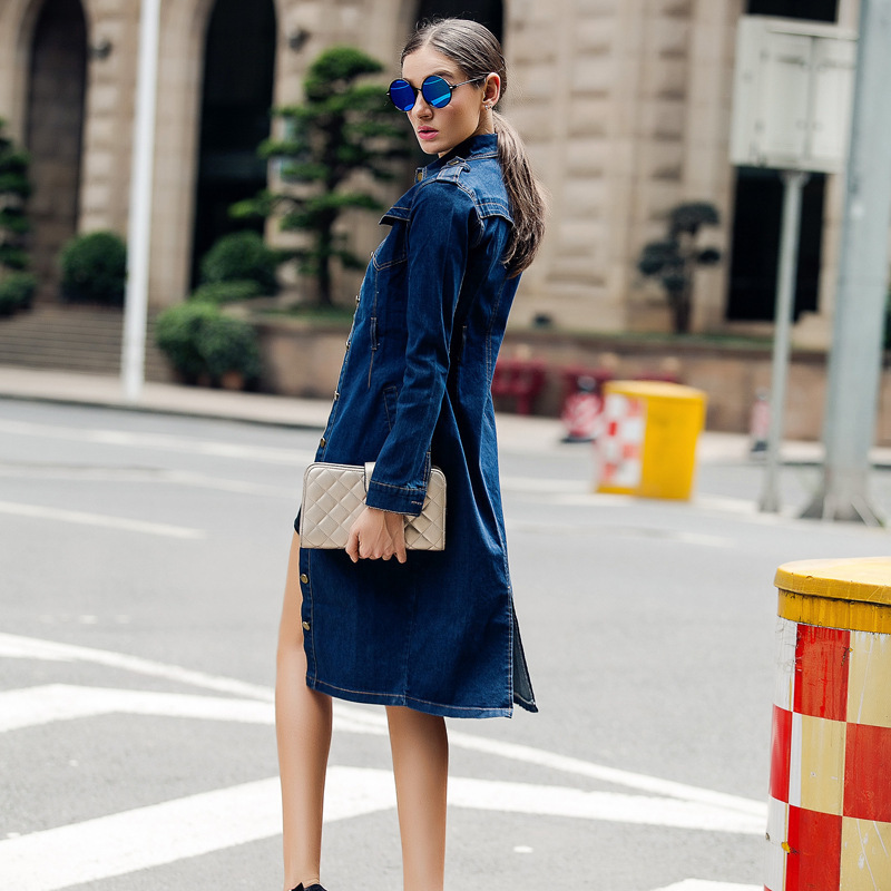 Women Autumn Cotton Slim Denim Trench Coat Long Sleeve Vintage Casual Jeans Windbreaker Pencil Dress with Belt Overcoat 4XL 201111