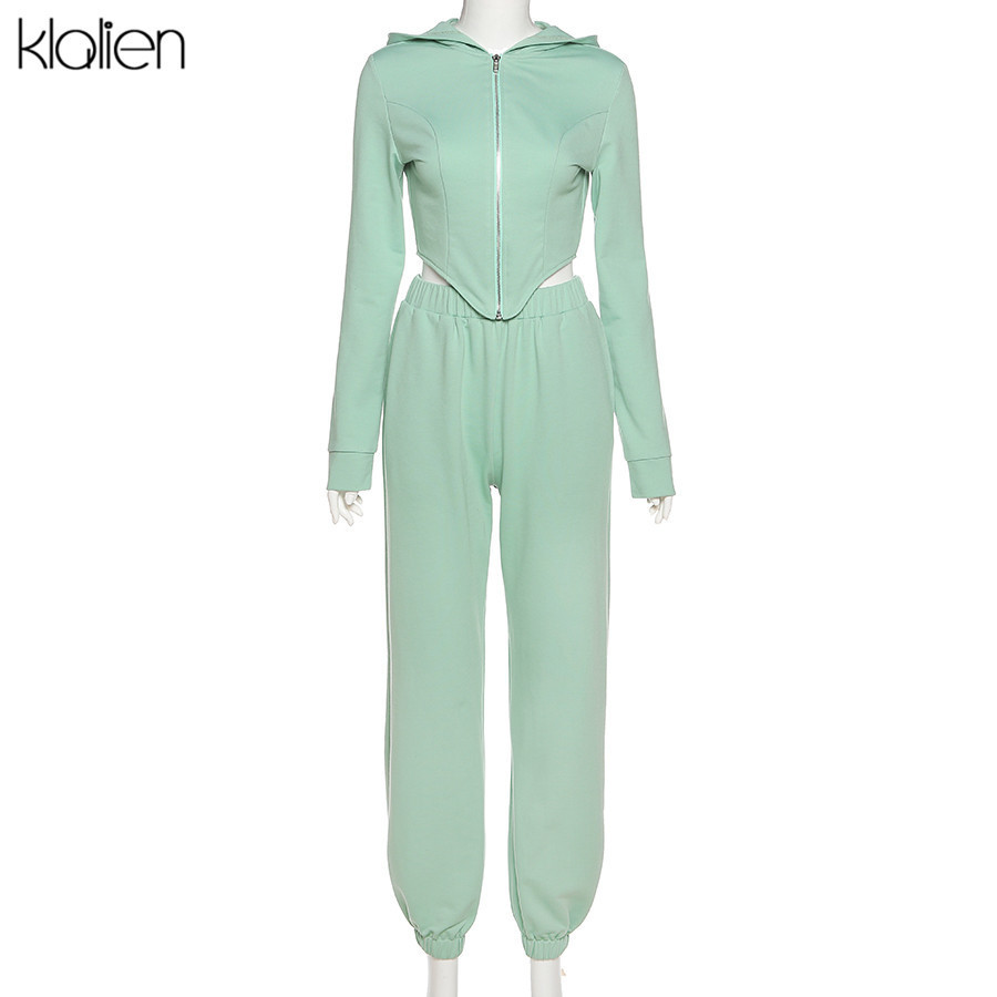 KLALIEN casual street sports style zipper hoodie and pant two piece set women tracksuit fitness female outfit high quality 201119
