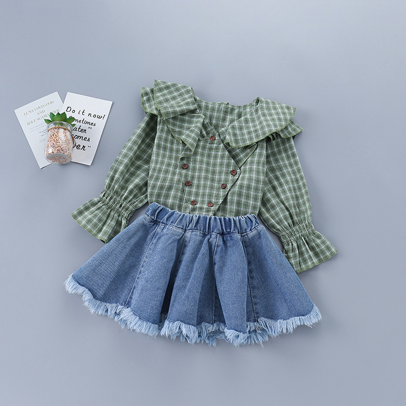 New Arrivel Girls Clothes Yellow And Green Grid Shirt + Denim Skirt 2pcs Suit Girl Clothing Set Autumn Children School ClothesX1019