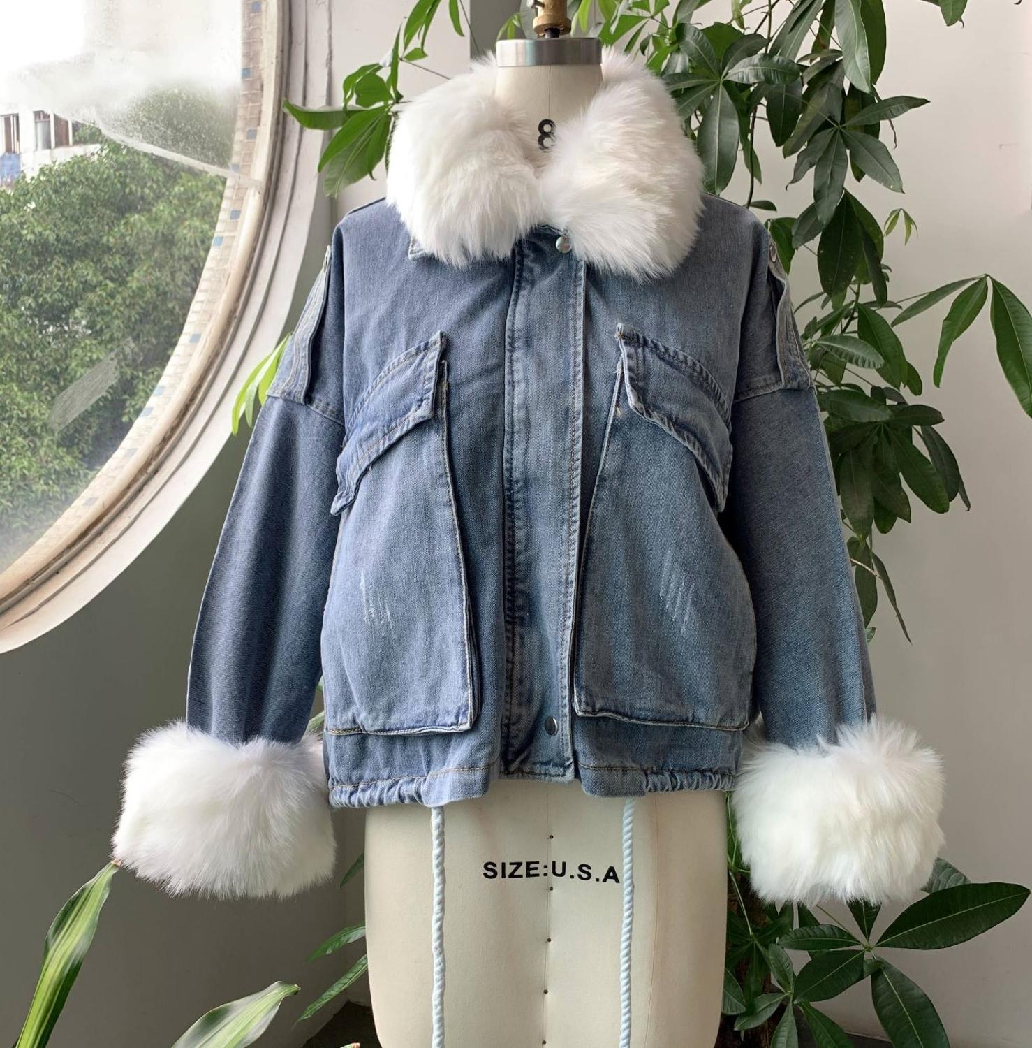 Thicken Winter Denim Jacket Casual Women Long Sleeve Short Coats Fur Collar Outerwear Loose Ins Style Streetwear Overcoat 201026