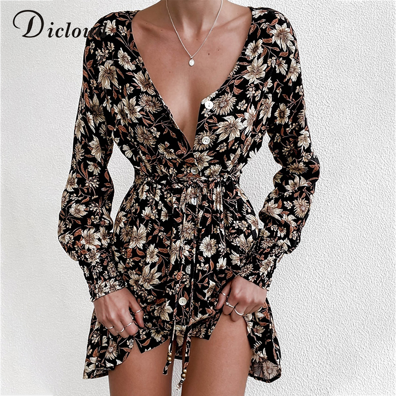 DICLOUD Women Floral Print Boho Party Dress Sexy V Neck Long Sleeve Autumn Winter Clothes With Waist Tie Elegant Day Dress 201030