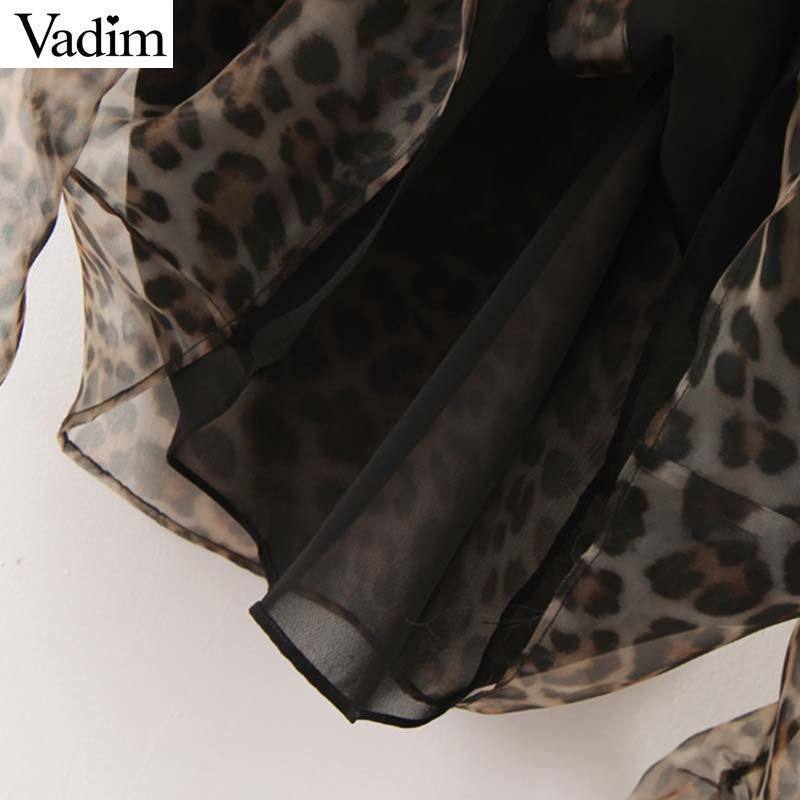 women Organza leopard print blouse long sleeve animal pattern bow tie cute shirts female see through tops blusas LB564 T200320