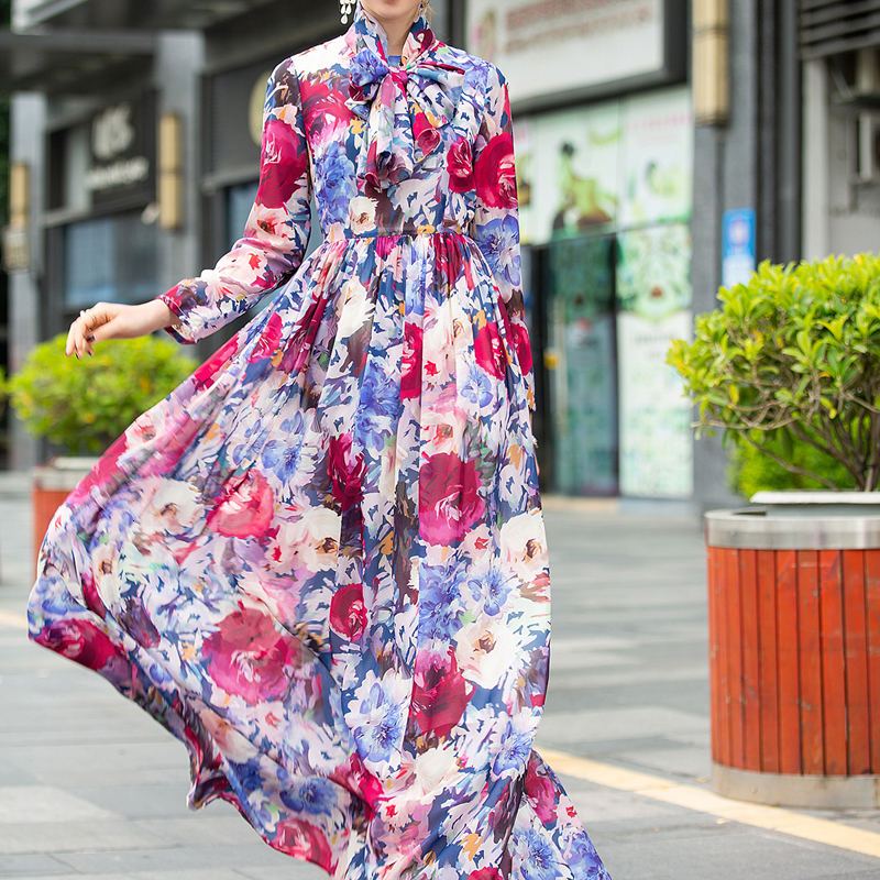 Runway Printing Vintage Designer Flowers Chiffon Dress Long Party of High Quality Women Spring Summer A7bt, Blue
Runway Printing Vintage Designer Flowers Chiffon Dress Long Party of High Quality Women Spring Summer A7bt, Blue