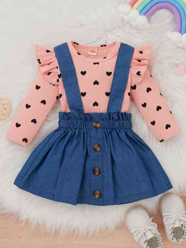 Baby Heart Print Ruffle Trim Top & Suspender Skirt SHE
