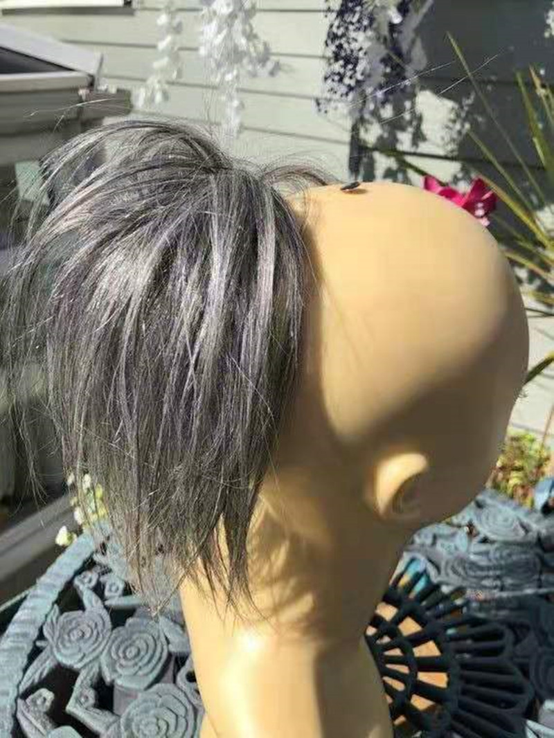 Salt n peper silver grey scruncnie real human hair extension wraps drawstring ponytail salt n pepper pony tail hairpiece 120g 14inch diva